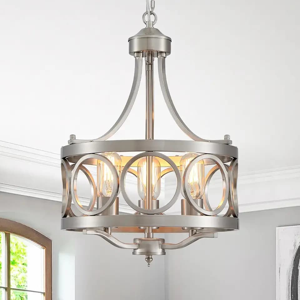 XINGQI 12.6" Modern Farmhouse Brushed Nickel Chandeliers Dining Room Light Fixture Over Table Rustic Metal Drum Pendant Hanging Lamp for Entryway Bedroom Kitchen 3-Light Round Small Chandelier