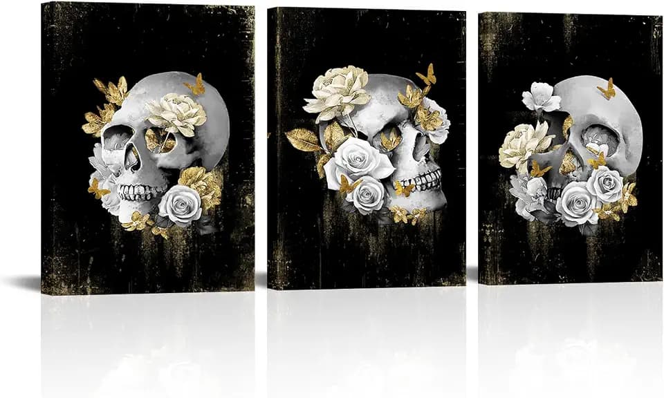 Visual Art Decor Gothic Wall Art Broken Grey Skull and Gold Floral Painting Gothic Room Decor, Framed Artwork for Walls (Small)