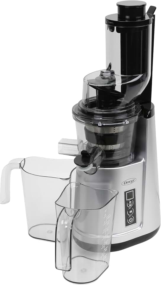 Omega Wide Mouth Juicer Compact Vertical Cold Press Vegetable and Fruit Juice Extractor with 3-Inch Hopper 2-Speed Slow Juicing with Space Saving Design, 120-Watts, Black