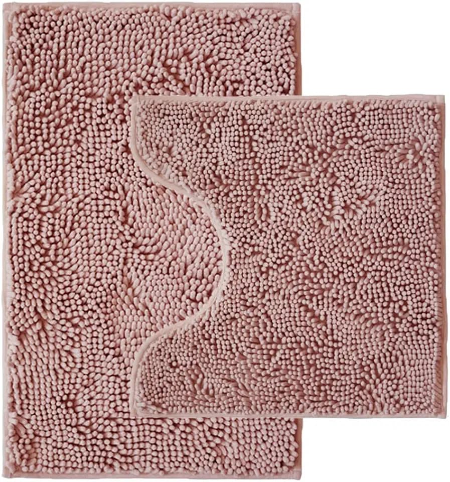 Bathroom Rugs Sets 2 Piece,Super Absorbent Chenille Bath Mats and U-Shaped Toilet Rug,Strong PVC Non Slip Backing,Microfiber Washable Dry Quickly Bath Mats for Bathroom(20"x32"+20"x20"U, Dusty Rose)