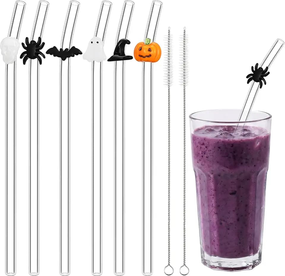 Meanplan 6 Pcs Halloween Glass Straw Reusable Shatter Resistant Drink Straw