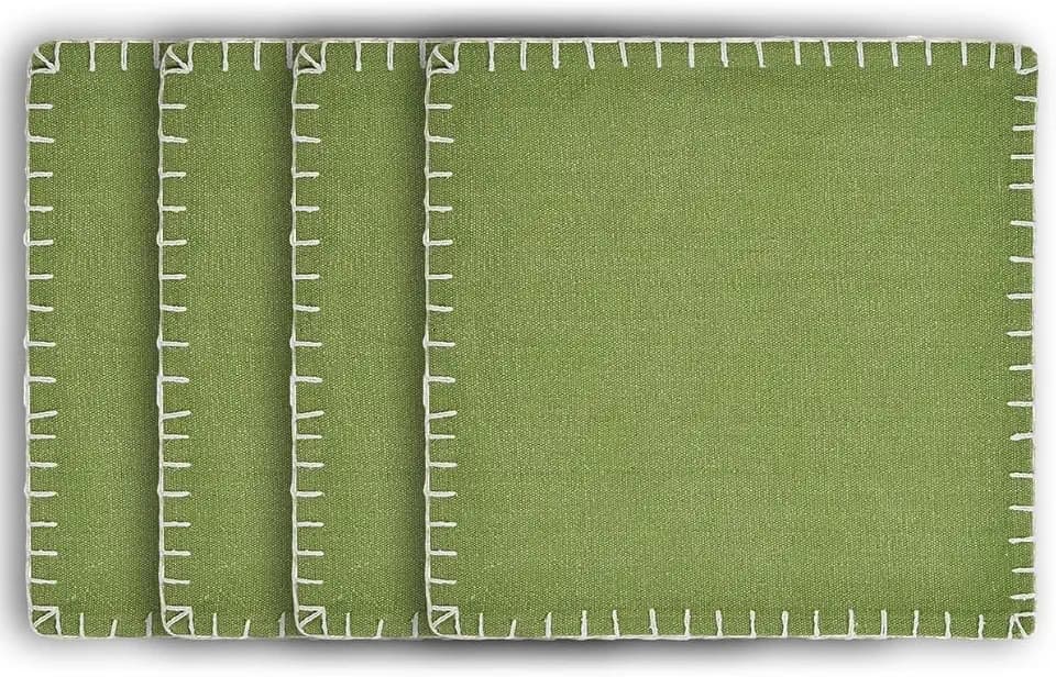 HomeRoots 15" Set of Four Natural and Olive Green Embroidered Edge Cotton Square Placemats