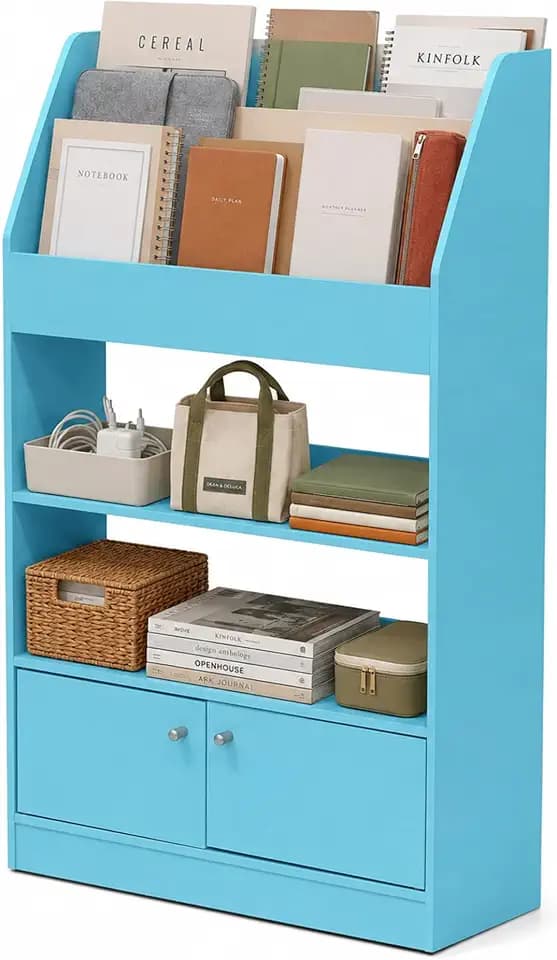 Furinno LOVA Book Shelf, Magazine Bookshelf, Bookcase with Storage Cabinet, 9.4 x 24.6 x 43.3, for Living Room, Bedroom, Home Office, Light Blue