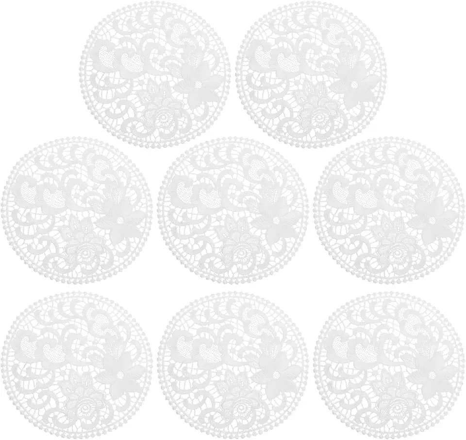 uxcell Lace Doilies, 8Pcs 7"" - Polyester Round Lace Placemats, Hollow Embroidery Coasters, Handmade Crochet Coasters with Floral Pattern for Dining Room Wedding Party Decoration (White), 180mm