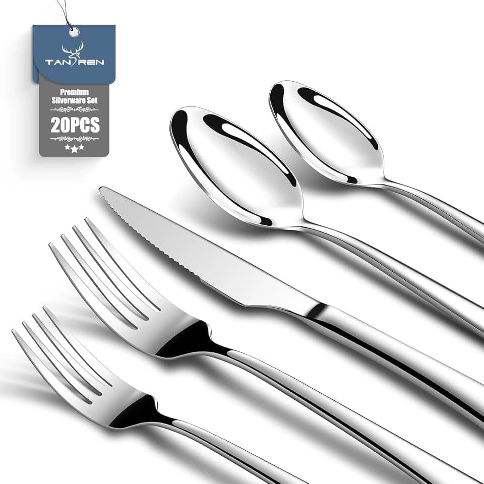 TAN REN Silverware Set for 4, 20-Piece Stainless Steel Flatware Sets, Heavy Duty Forks and Spoons Silverware Set with Dinner Knives, Mirror Polished Cutlery Sets, Dishwasher Safe Kitchen Utensils