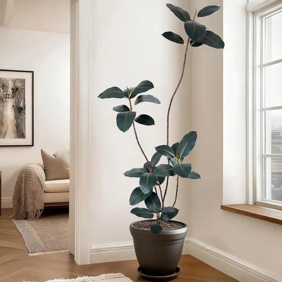 6FT Artificial Rubber Tree, Realistic Faux Rubber Plant with Lifelike Leaves & Trunk, Tall Fake Tree in Black Pot, Perfect for Home Office Living Room Porch Indoor Decor