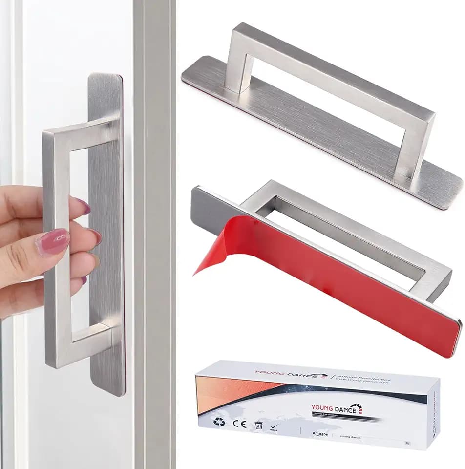 Selbstklebende Schrankgriffe 2 Stück Möbelgriffe, Edelstahl Schubladengriffe, Ohne Bohren Griff für Kleiderschrank, Küche, Schiebetür, Balkontür(Quadratisch, Silber)