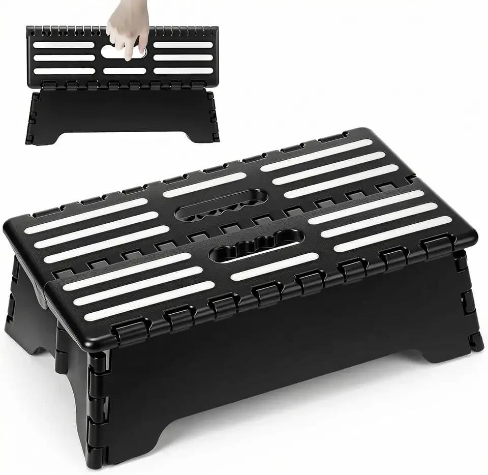 QWORK® Tragbarer klappbarer Tritthocker, Rutschfester, Leichter Tritthocker für Badezimmer, Küche, SUVs und Wohnmobile, Schwarz, 38 x 22 x 13 cm