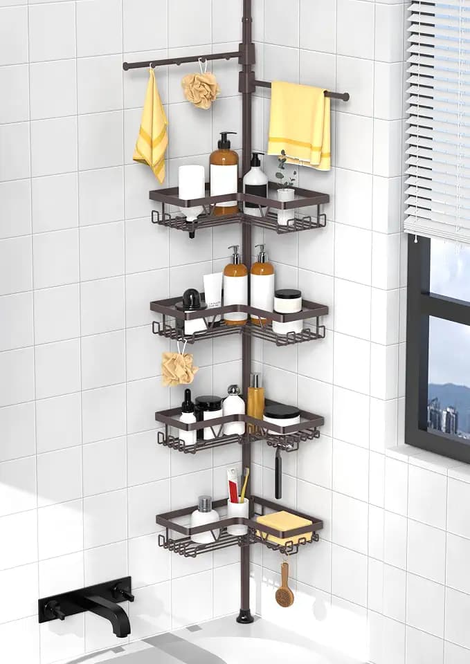 KEGII Shower Caddy Tension Pole, Corner Bathtub Organizer with Towel Bars
