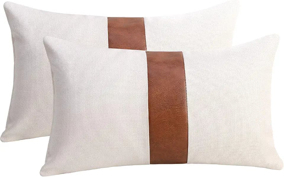 cygnus Set of 2 White Linen Patchwork Faux Leather Throw Lumbar Pillow Covers for Couch Living Room Bedroom,Modern Accent Decor Lumbar Covers 12X20 inch, Brown and White