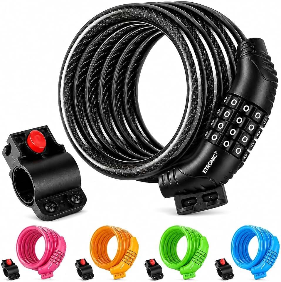 Etronic Bike Lock M6, Cable Lock 6 Feet Long Coiled Security Resettable Combo Combination Lock Bicycle Lock with Mounting Bracket