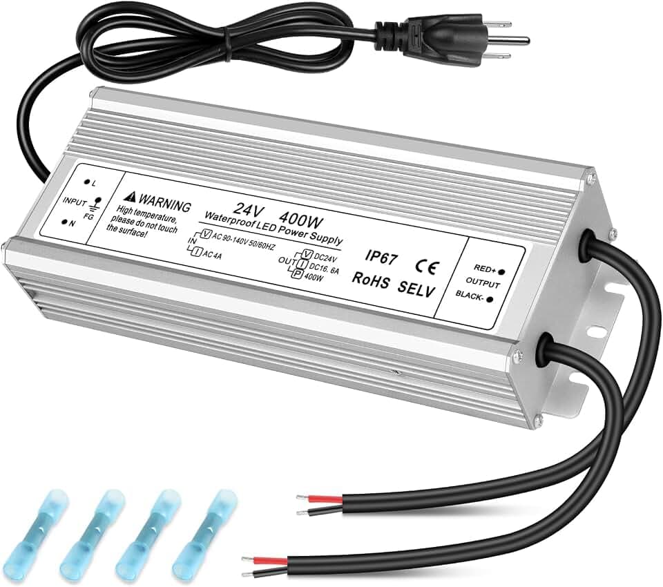 24V 400W LED Driver Waterproof IP67, AC 110V to DC 24V LED Power Supply 16.6A, Low Voltage Transformer with 3-Prong Plug, Outdoor LED Driver for LED Strip Lights, Landscape Lighting and Signs