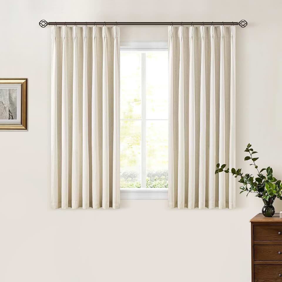 Cream Beige Pleated Black Out Linen 45 Inch Curtains with Liner 2 Panels