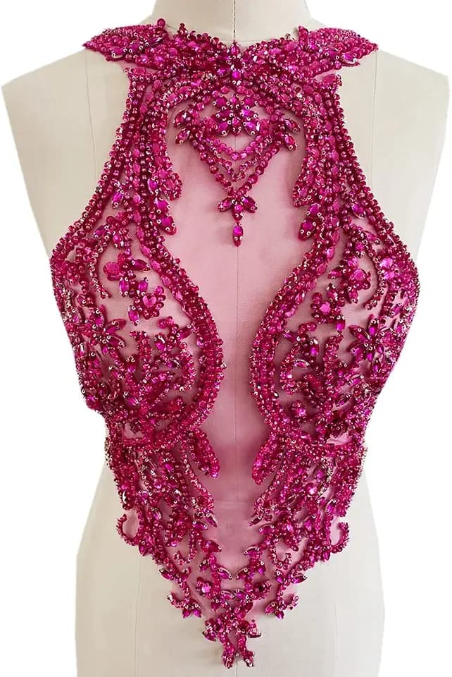 Handmade Rhinestones lace Applique handsewing Beads Trim Patches Dress Front Accessories (Rose red)