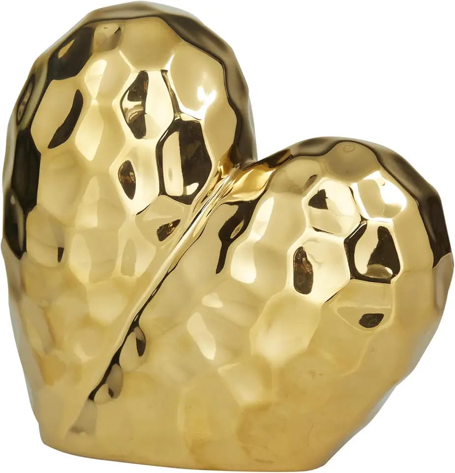 Deco 79 Porcelain Ceramic Heart Decorative Sculpture Dimensional Angled Origami Inspired Home Decor Statue, Accent Figurine 12" x 6" x 11", Gold