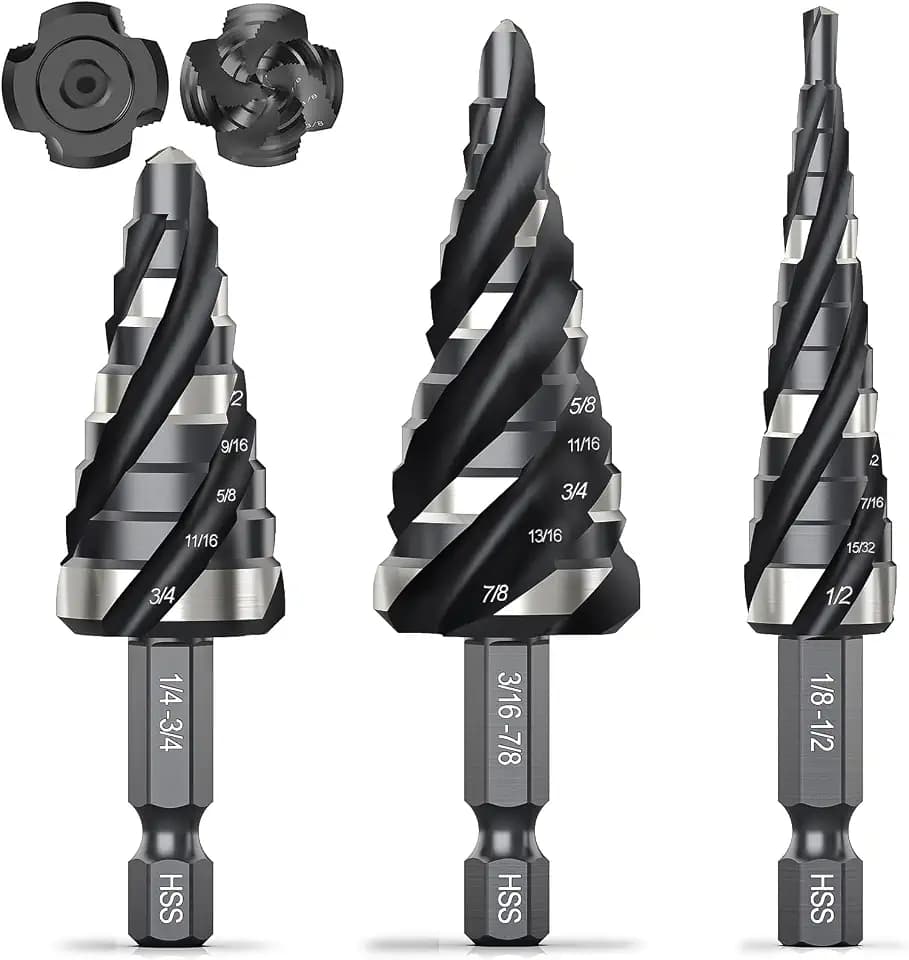 THINKWORK 3 Pcs HSS Step Drill Bit Set, 4 Flute Unibit for Metal-34 Steps