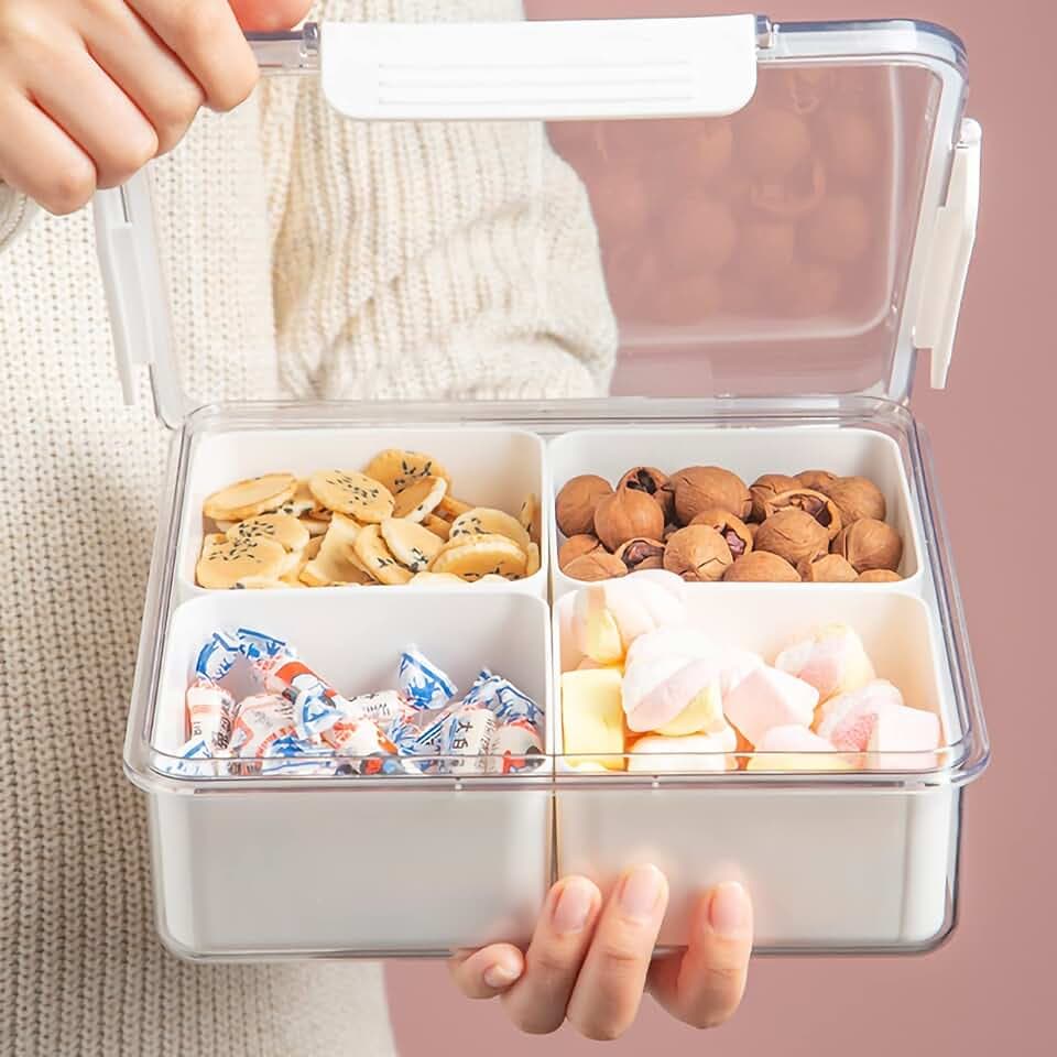 Divided Serving Tray with Lid for Veggie Charcuterie Container Portion Control Salad Keeper with 4 Removable Boxes Stackable Refrigerator Organizer Bins Food Storage Organizer Produce Saver