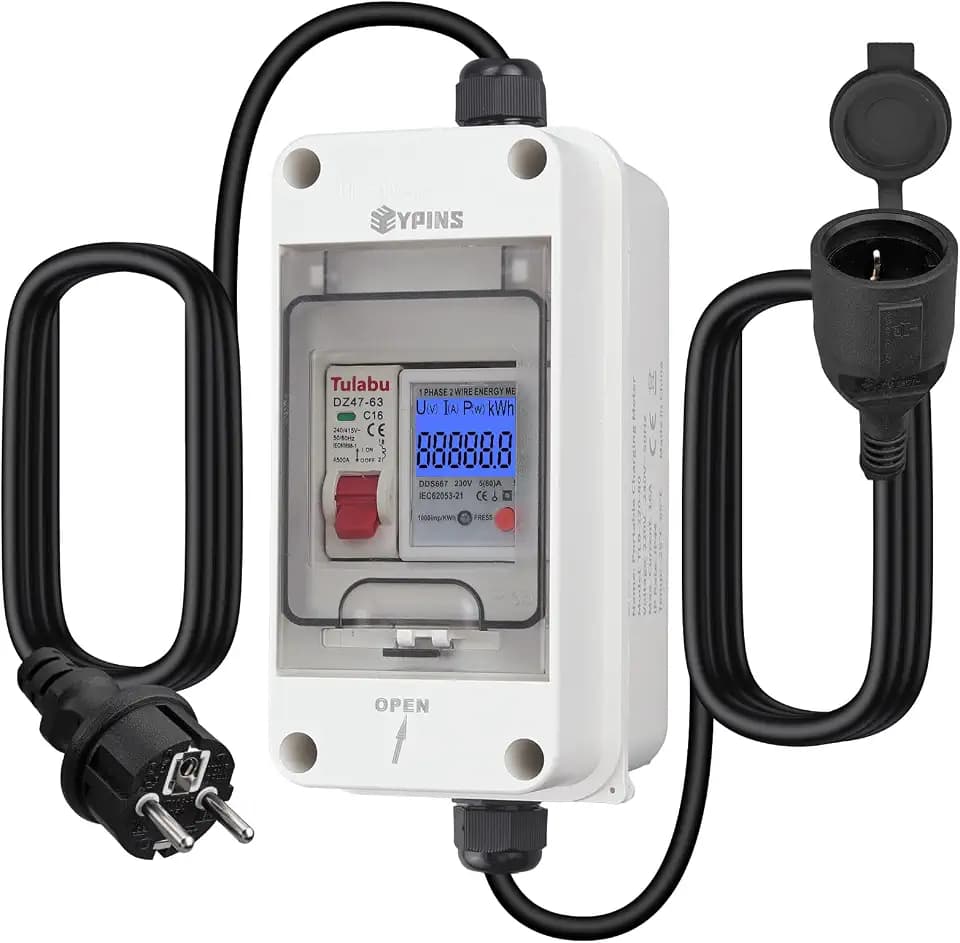 EYPINS Mobiler Digitaler Stromzähler 80A 230V, Outdoor Mobile KWH Messgerät mit LS-Schalter, Tragbar LED Stromzähler mit Reset, SK-Stecker, Kupplung, 2x 1,5m Kabel für Wohnmobile Elektroautos Haushalt