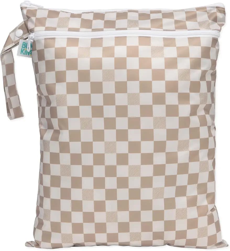 Bumkins Waterproof Wet Dry Bag for Baby, Travel, Swim Suit, Cloth Diapers, Pump Parts, Pool, Beach, Gym Clothes, Toiletry, Hook to Stroller, Daycare, Zipper Reusable Wetdry Packing Pouch, Beige Check