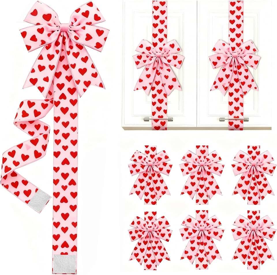 6Pcs Retro Velvet Cabinet Bows Christmas Ribbon Bows for Kitchen Decoration (Valentine-6 x Pink, 78.74Inches)