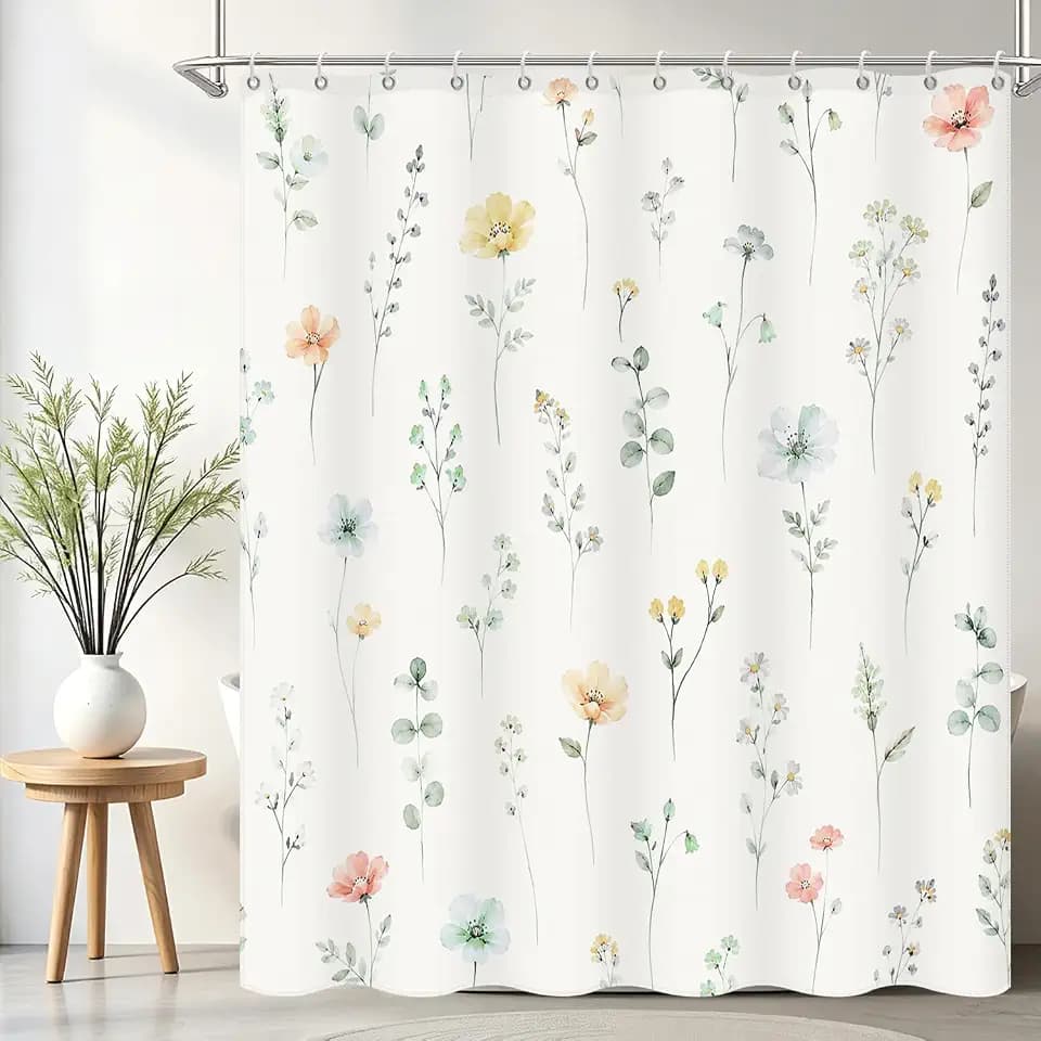 Sage Green Pink Watercolor Floral Shower Curtain 72x78 Inches