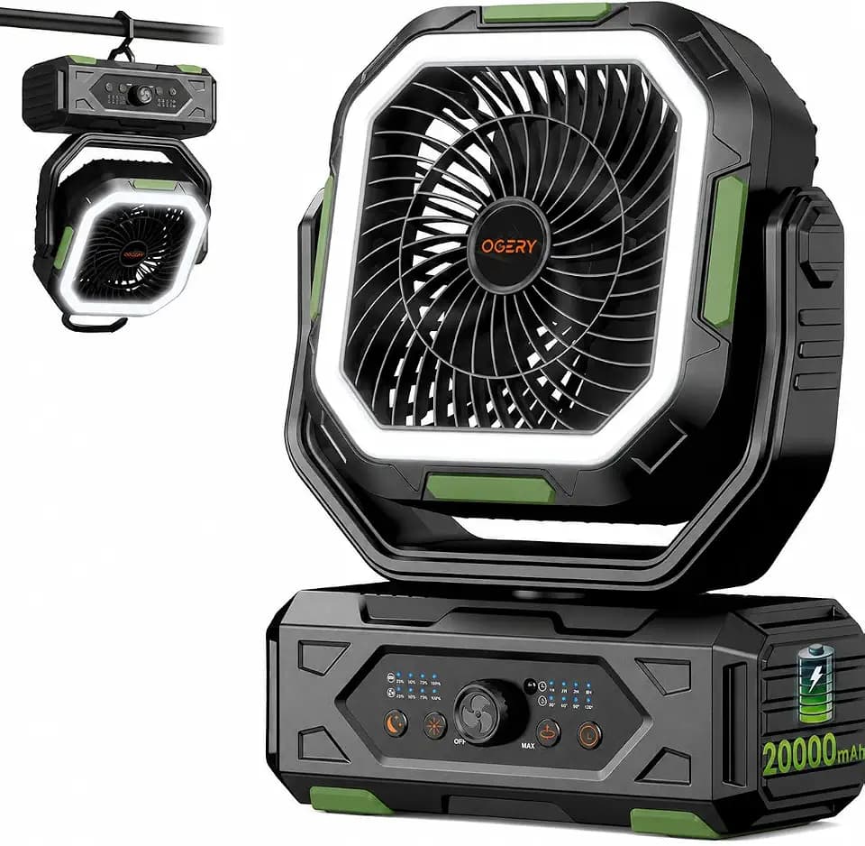 OGERY Camping Fan, Portable Fan Rechargeable with 20000mAh Battery, Stepless Speed Control, Fast Charging, Remote & LED Lantern for Tent, Travel, Car Camping, Camping Essentials