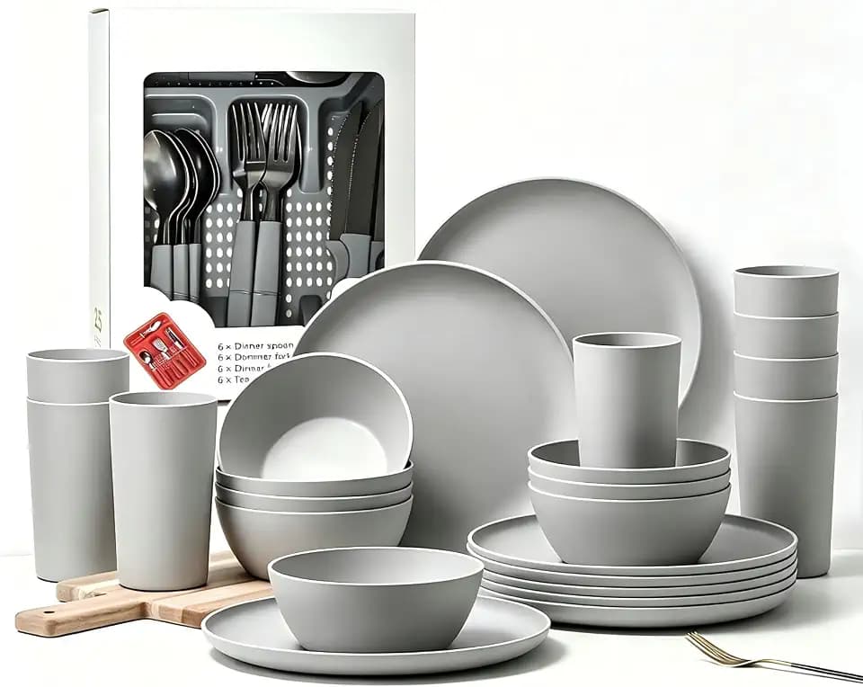 24pcs Matte Black Dinnerware Set, Plates Bowls & Cups, Unbreakable Dishes for 8, Reusable BPA‑Free Tableware, Dishwasher Safe for Kitchen Party Picnic Camping, Bonus Cutlery Set Included
