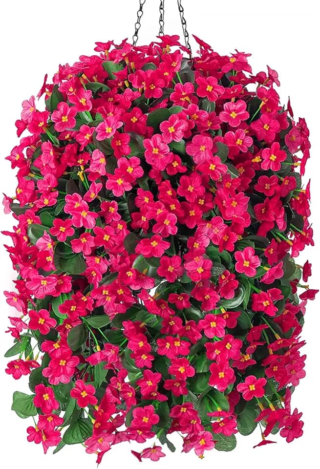 Artificial Fake Hanging Flowers Plants Baskets for Outdoor Outside Porch Decoration, Faux Silk Hotpink Realistic UV Resistant Orchid Long Vines in Planter for Spring Summer Home Patio Balcony