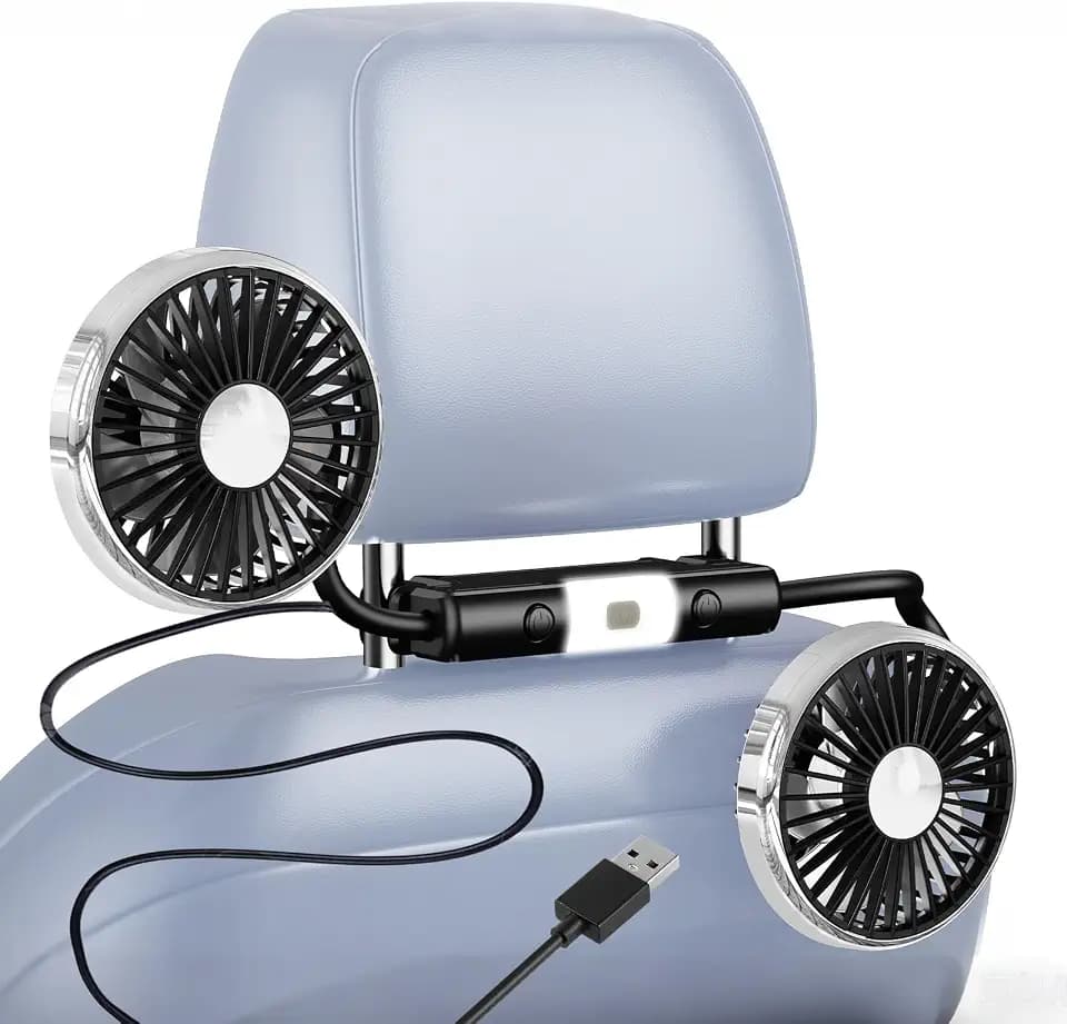 USB Ventilator Auto,11,5-16,5 cm Kopfstütze Lüfter 360° Verstellbar Flexibler Schlauch,Doppelkopf Mini Leiser Auto Fan mit 3 Stufen & Licht für Kinder,Baby,SUV,PKW,LKW,Wohnmobil Ventilator