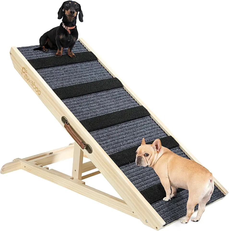 Pawaboo Hunderampe, Tragbare Haustiertreppe aus Holz, 4 Verstellbare Höhen 11.6" - 22.4", Haustierrampe für Kleine Mittelgroße Hunde mit Anti-rutsch bis 143lbs, Hundeeinstiegshilfe Auto Bett Sofa