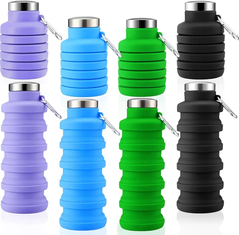 Lallisa 4 Pcs Collapsible Water Bottles 17 oz Reusable Silicone Foldable Travel Water Bottle Portable Leak Proof Sports Water Bottles for Gym Camping Hiking (Blue, Purple, Gray, Green)