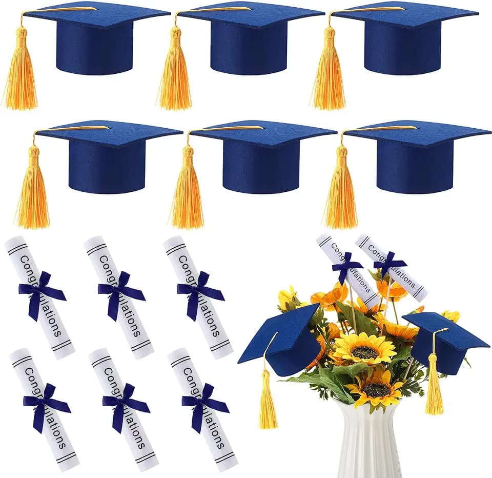 Breling 12 Pcs Graduation Centerpiece Felt Cap Sticks,Blue and Gold