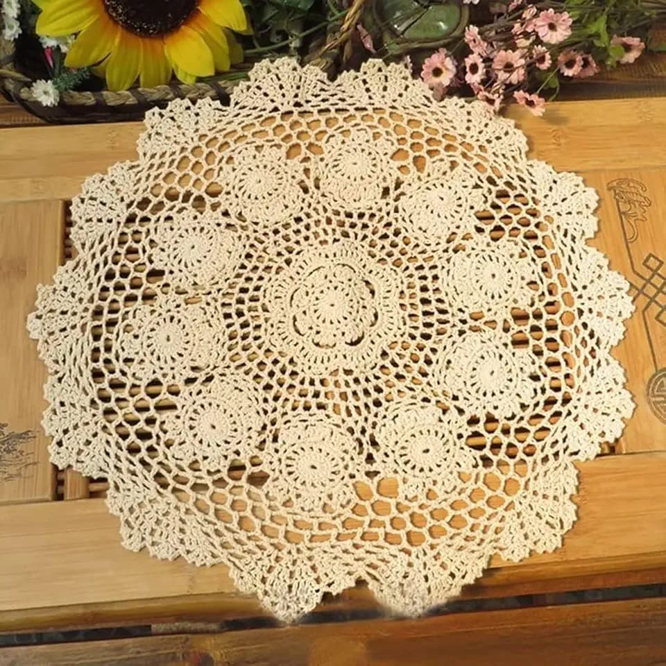 Hetao 100% Cotton Handmade Crochet Round Doilies Lace Doily Tablecloth Doilies Lace Placemats ,Beige, 15 Inch