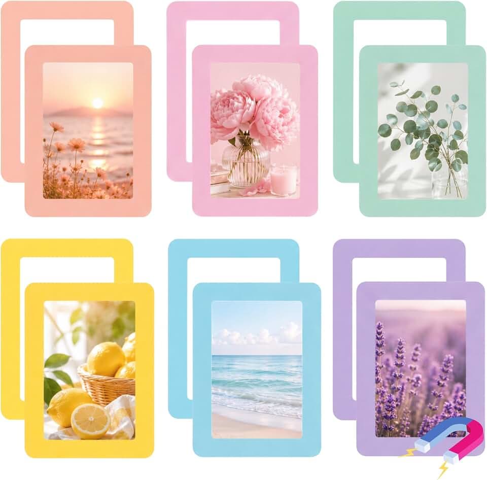 12 Pack Pastel Magnetic Picture Frames 4x6 - Macaron Soft Tones Minimalist Magnet Photo Borders for Refrigerator, Locker, Classroom & Office Decor - Open Face Aesthetic Home Accessories