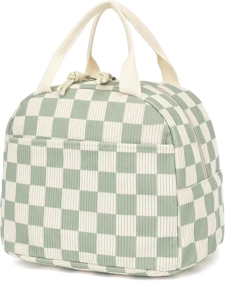 Corduroy Lunch Box for Women Girls, Cooler Lunch Bags Reusable Insulated Lunchbox for Picnic School Work Travel (Checkered Green)