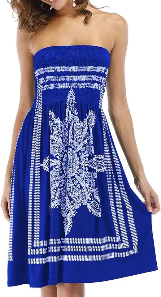 Women's Strapless Floral Bohemian Casual Mini Beach Dress Cover-ups Dress