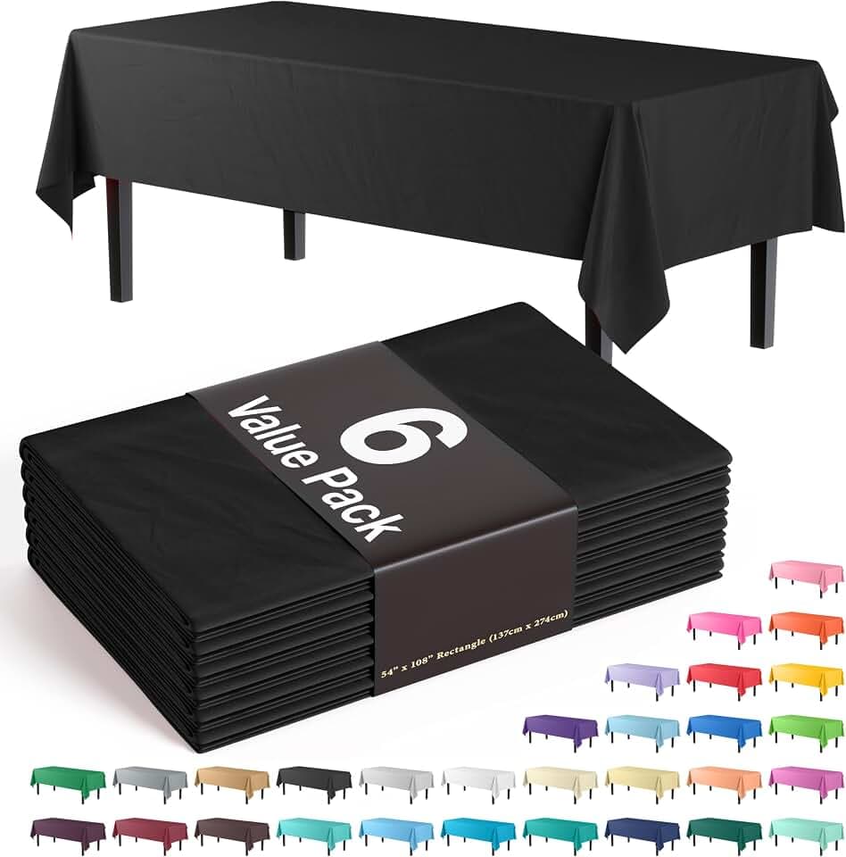 Exquisite Black Plastic Table Cloth Disposable 6 Pack - 54 x 108 Inch Rectangle Value Pack - Economy Tablecloth for Parties Events and Everyday Use - Budget Friendly Table Cover