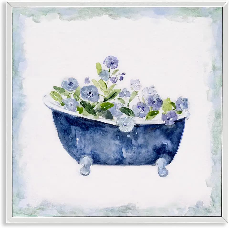'Charming Blue Bathtub Florals'| Framed Giclee Art