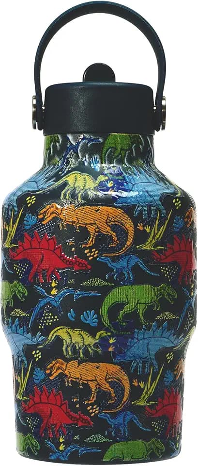 Mayim Mini Flow Trail Kids Water Bottle 15 oz, Flip-Up Straw, Carry Handle, Vacuum Insulated Stainless Steel, Leak Proof, 12 Hours Cold, BPA Free (Blue/Dino)