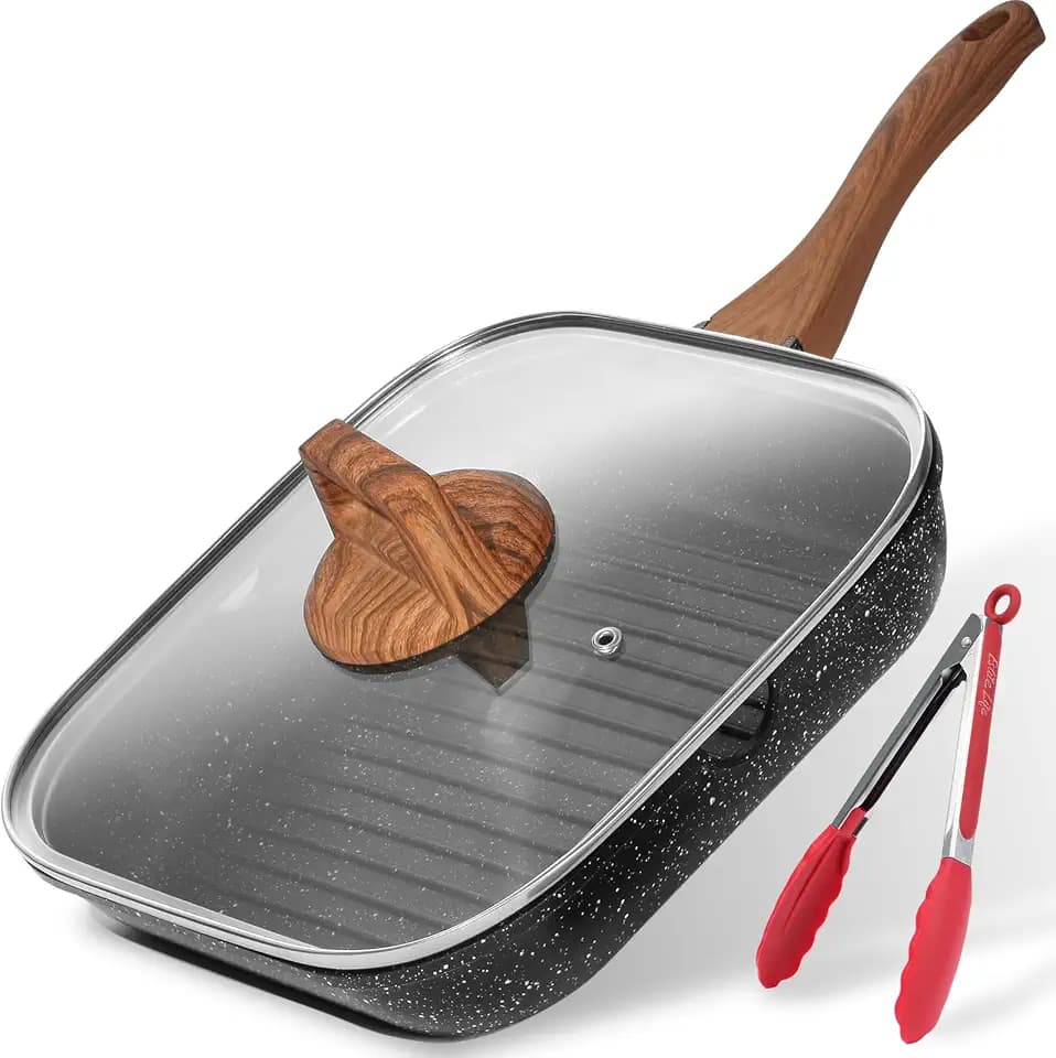 ESLITE LIFE 11 Inch Nonstick Grill Pan with Lid & Tongs, Black