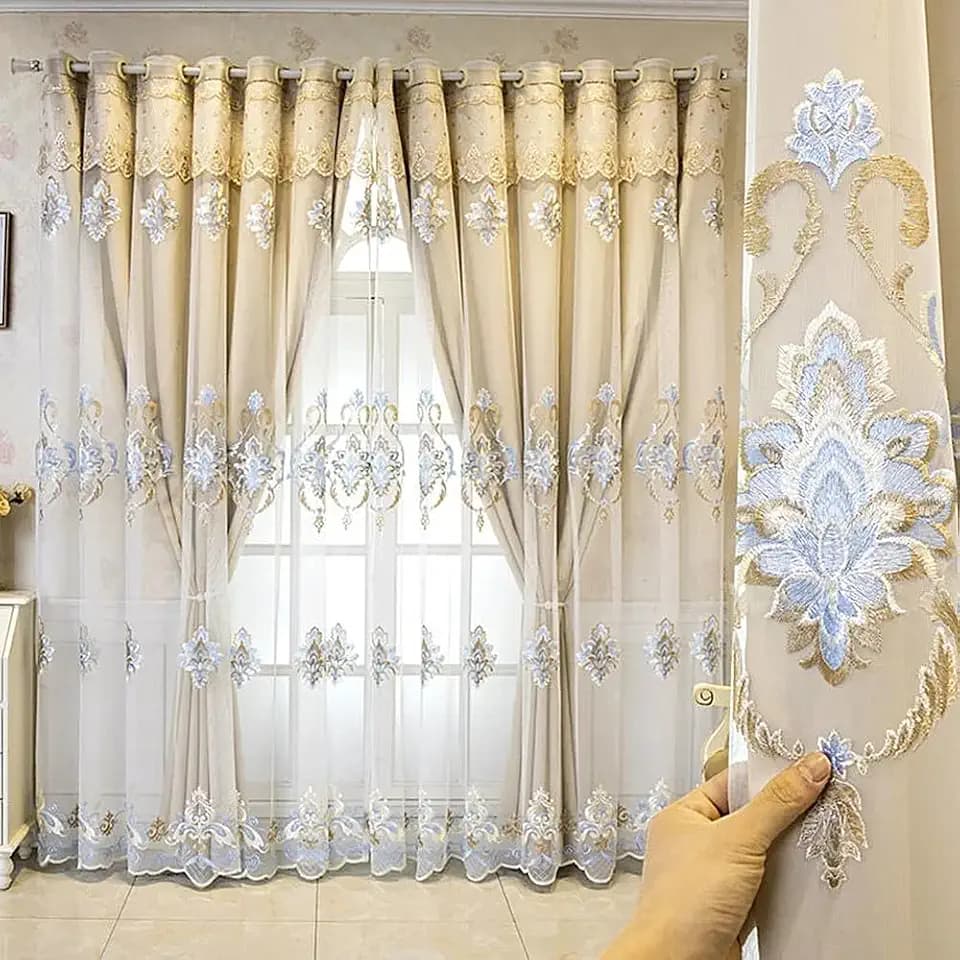 Amidoudou 1 Pair European Double Layer Curtains with Valances for Living Room Luxury Jacquard Curtains for Bedroom (Beige,63x96 Inch)