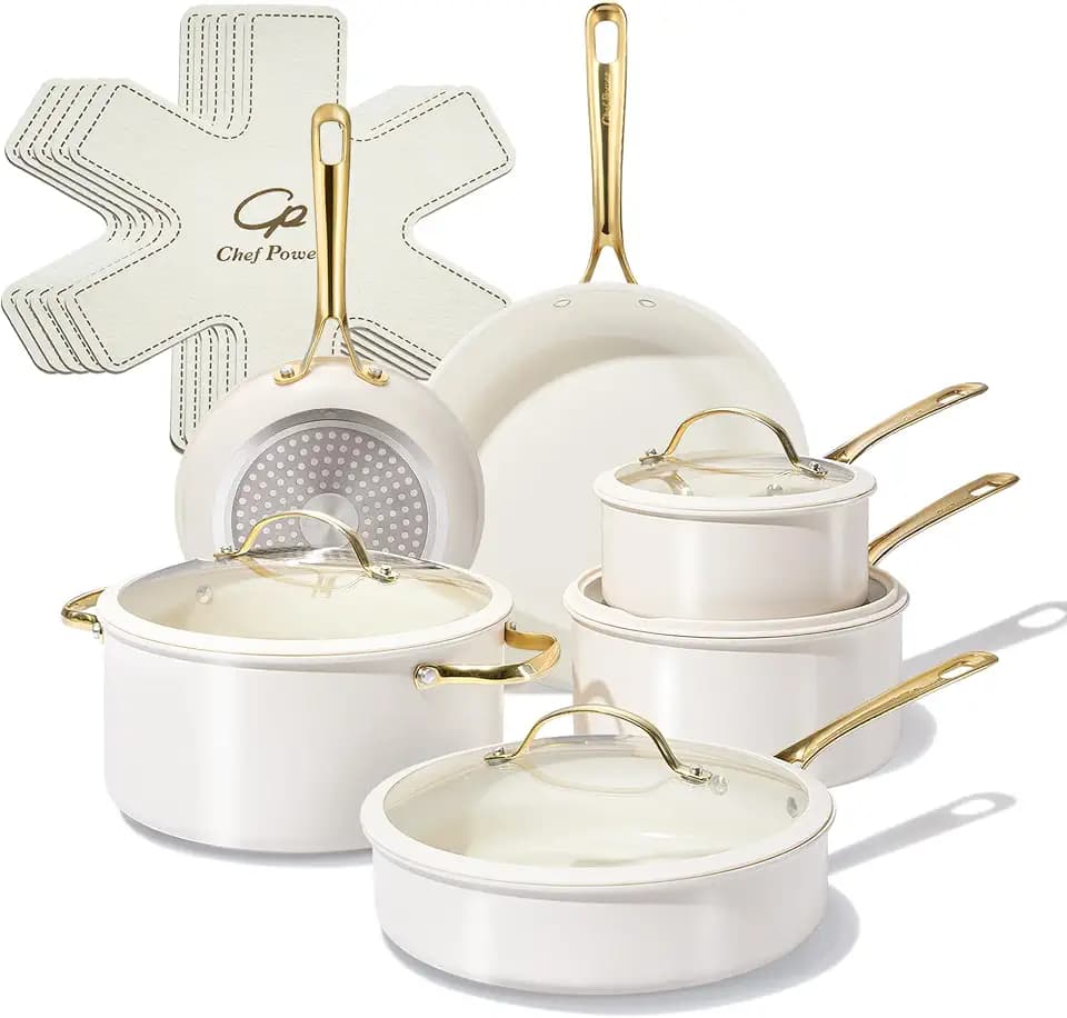 Chef Power Ceramic Cookware Sets, 15Pcs Pots and Pans Set Non Stick