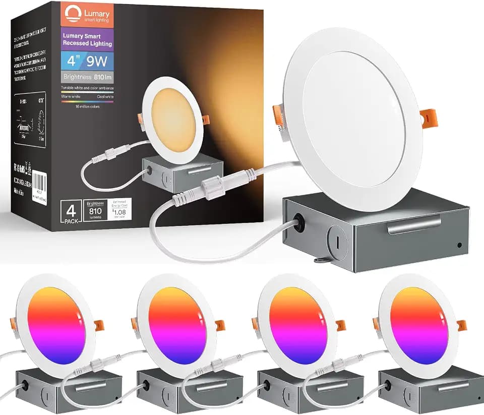 Lumary 4 Pack 6 Inch Ultra-Thin Smart WiFi Recessed Lighting, Canless Downlight, RGBWW Color Changing Lights with Junction Box Work with Alexa/Google Assistant