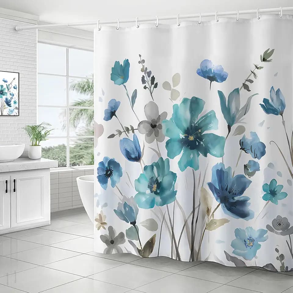 Teal Blue Floral Shower Curtain Watercolor Turquoise and Gray Elegant Flower Shower Curtains for Bathroom Waterproof Fabric Bath Curtain 72 x 72 Inch with 12 Hooks