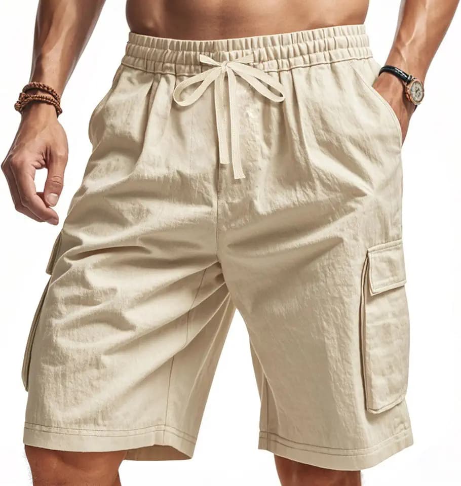 Cotton Cargo Pants for Men 2025 Summer Casual Drawstring Elastic Waist Workout Beach Vacation Shorts with Pockets Apricot XL