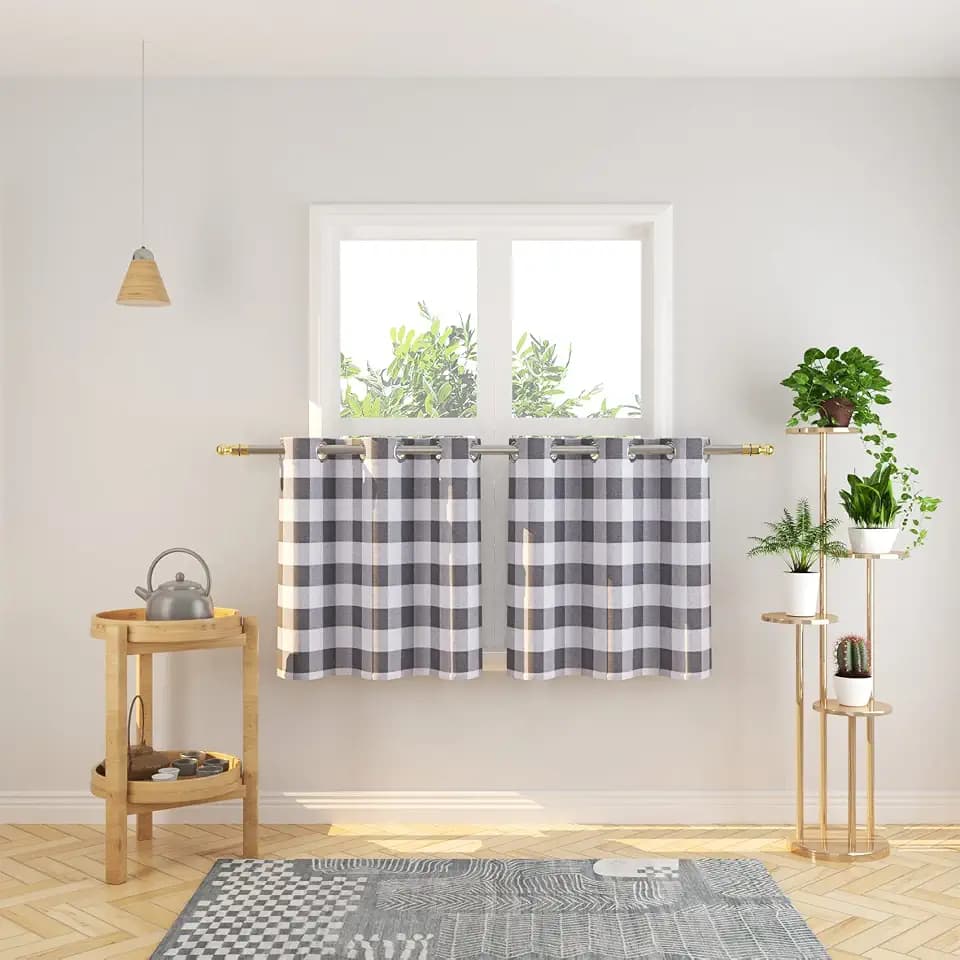 Tier Curtains 24 inches Long Buffalo Check Gingham Plaid Kitchen Window Curtain Panels Bathroom Grommet Top Window Treatment 2 Panels Grey and White