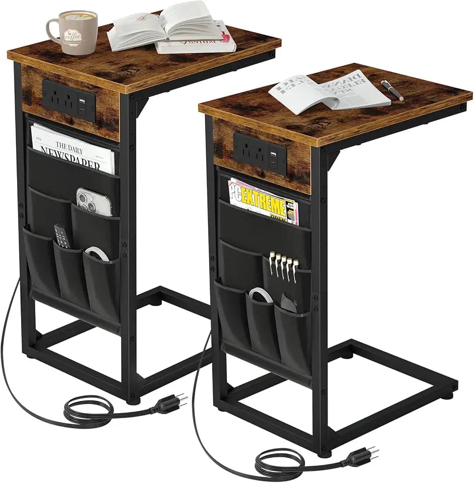 AMHANCIBLE C Shaped End Table with Charging Station, TV Trays, Set of 2
