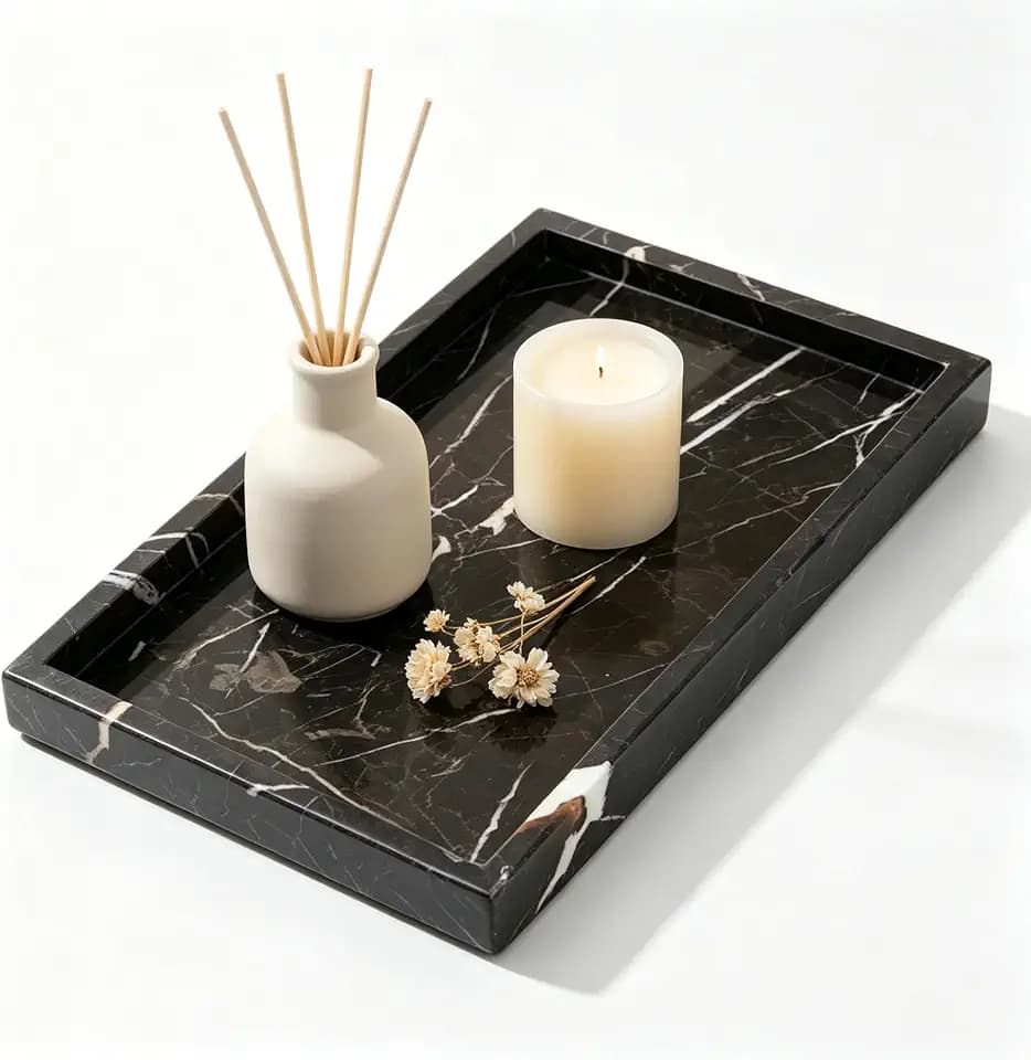 Black Rectangle Genuine Marble Stone Tray for Cosmetics, Candles, Lotion, Perfume and Home Decor Real Natural Marble Tray for Bathroom, Vanity, Kitchen and Desktop