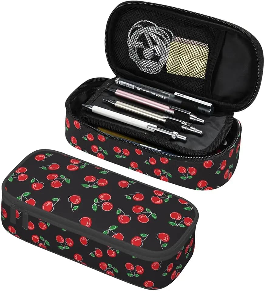 Red Cherry Black Pencil Case Big Capacity Storage Pencil Pouch Stationery Bags With Zipper Portable Pen Holder Box Organizer For Boys Student College School Office Supplies