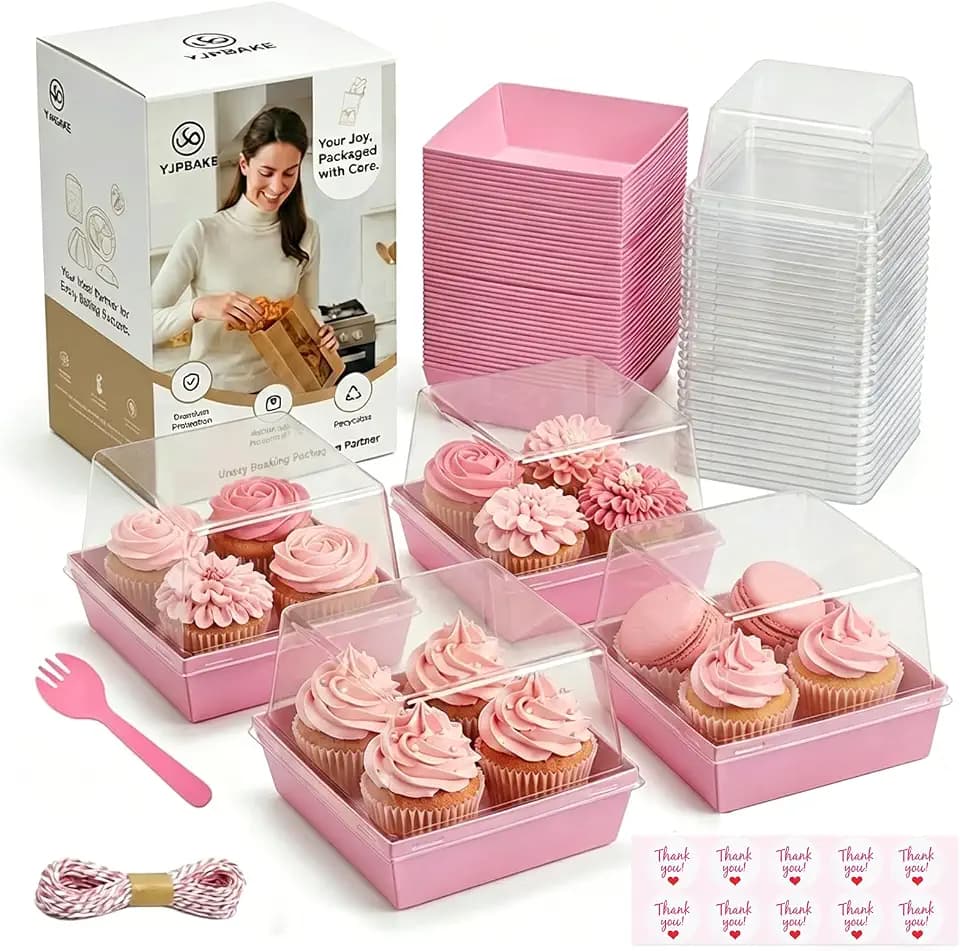 25 Pack Charcuterie Boxes with Clear Lids, 5 Inch Disposable Food Containers, To Go Dessert Boxes with Thank You Stickers, Twine and Forks for Cake, Sandwich, Fruit, Strawberry